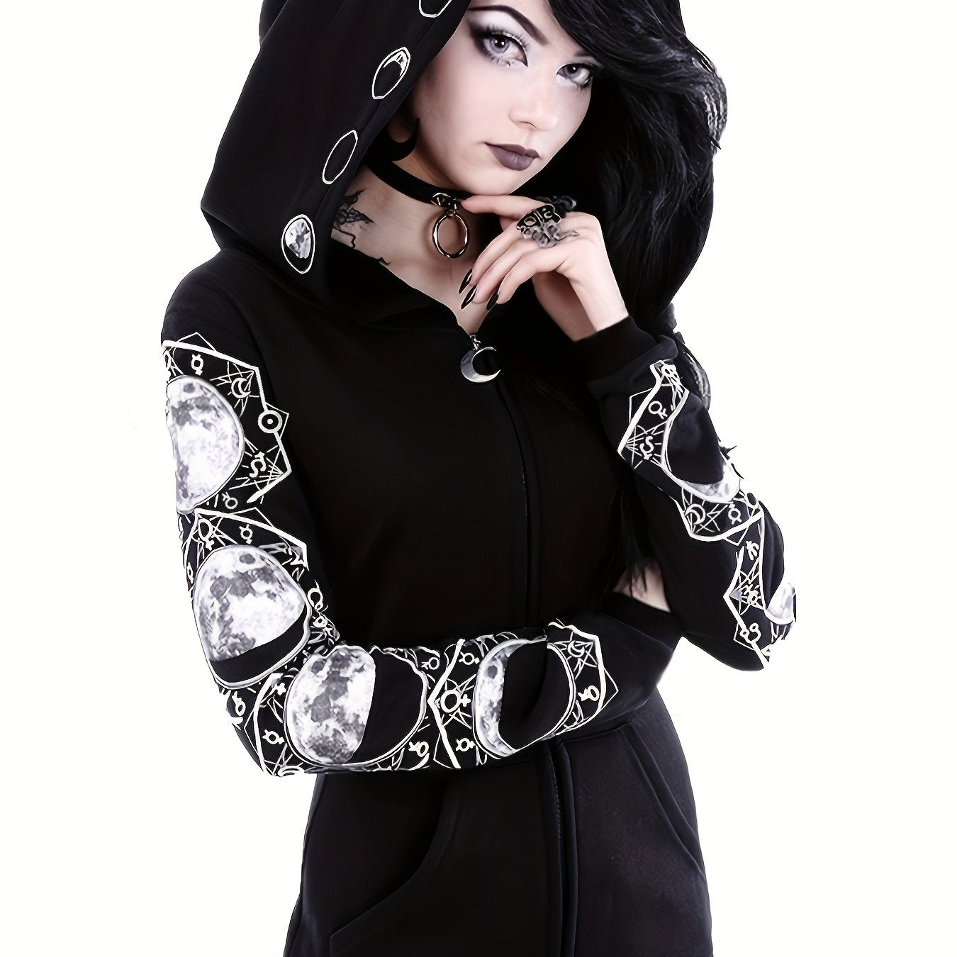 Black & White Moon Hoodie, Large Hooded Zip Up Front Pocket Sweater, Gothic Casual Tops, Women's Clothing