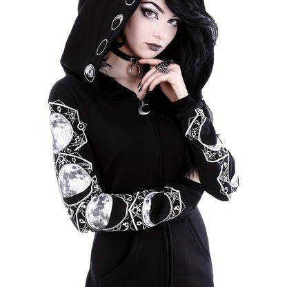 Black & White Moon Hoodie, Large Hooded Zip Up Front Pocket Sweater, Gothic Casual Tops, Women's Clothing
