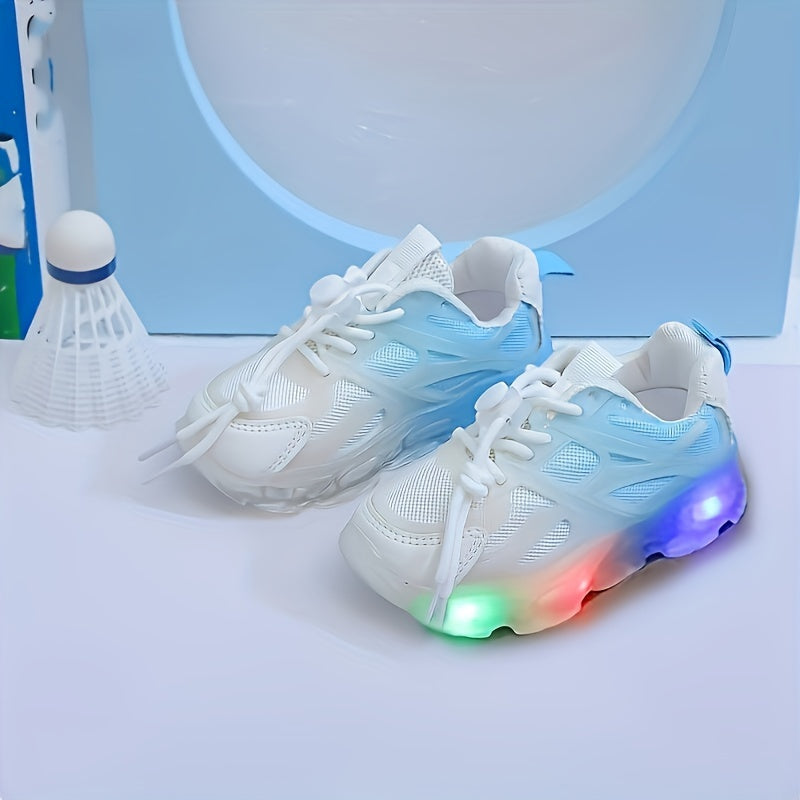 Sneakers in mesh traspirante per bambini con luci LED - Design geometrico alla moda, suola in PVC antiscivolo per ragazzi e ragazze