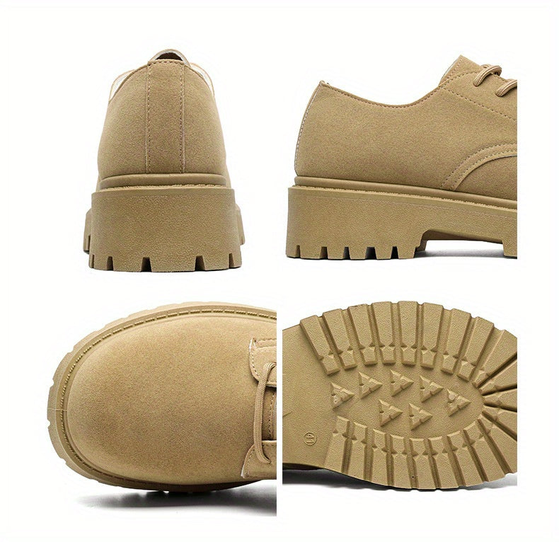 Men's Casual Retro Workwear Derby Shoes - Thick Sole Height Increase, Breathable Upper, Lace-Up Round Toe Design for Spring/Fall, Tan Rubber Outsole & EVA Cushioning, Fall Comfort Footwear, Minimalist Style, Durable Footwear,