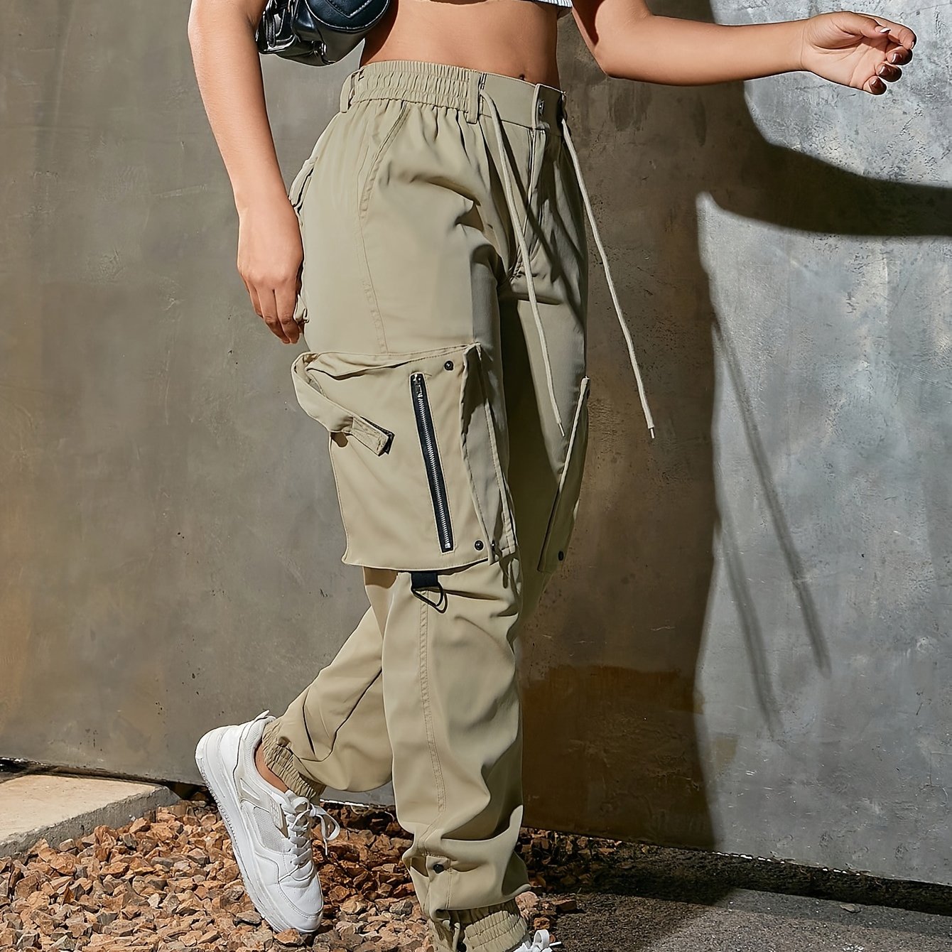 Pantaloni cargo casual da donna, 100% poliestere, tinta unita, adatti a tutte le stagioni, in tessuto intrecciato, con tasche 3D, elastico in vita, coulisse regolabile, per pantaloni da adulto