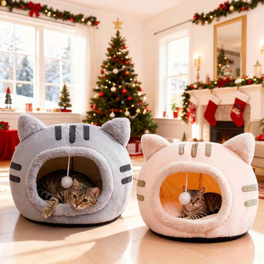 Cute Cat-Shaped House Pet Bed - Soft Non-Slip Cozy Cottage-Style Bed for Indoor Cats & Small Dogs, Easy-Clean Durable Cat House with Lid-like Entrance, No Assembly Required, Stylish Hideout for Kittens & Puppies