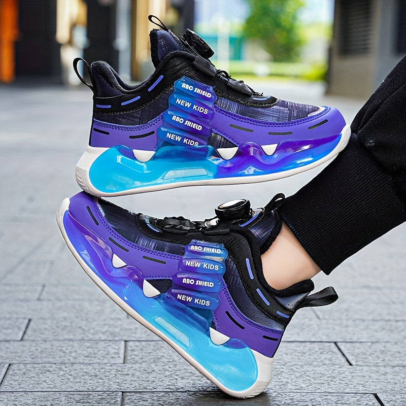 Boy's Trendy High Top Basketball Shoes With Rotating Buckle, Comfy Non Slip Shock Absorption Sneakers For Kids Outdoor Activities