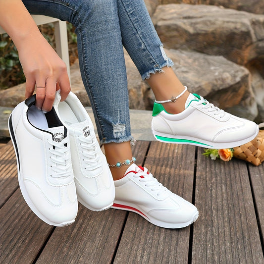 Sneakers casual leggere da donna, alla moda, bianche con dettagli neri, rossi, verdi e gialli, scarpe da corsa con suola in EVA, design basso con lacci per tutte le stagioni