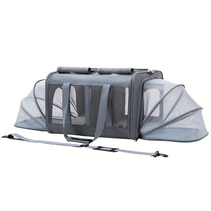Expandable Cat Carrier Bag, 17.3x20.9x13 inches, Contemporary Style, Deep Gray, Portable Pet Travel Cage with Mesh Windows & Shoulder Strap