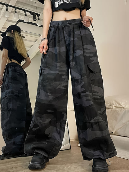 Pantaloni cargo a gamba larga con stampa mimetica, pantaloni casual con elastico in vita per primavera ed estate, abbigliamento da donna