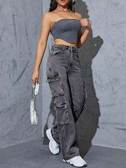 High-Waisted Cargo Denim Jeans for Women, 75% Cotton Blend Street Style Y2K Baggy Trousers with Flap Pockets, Solid All-Season Oversized Wide Leg Pants, Medium Stretch Woven Fabric