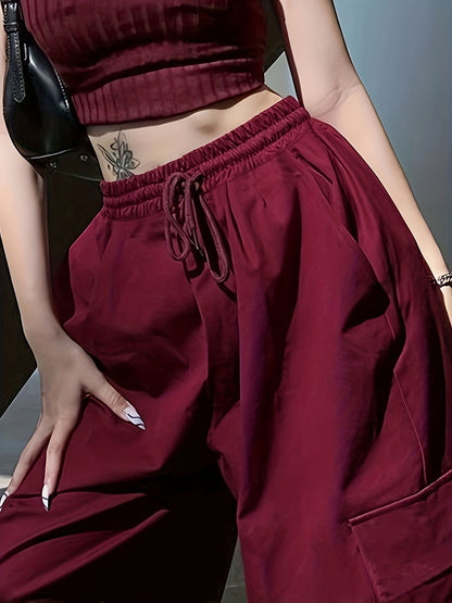 Y2K Drawstring Baggy Pants, Elastic Waist Long Length Pants With Pockets, Women's Clothing