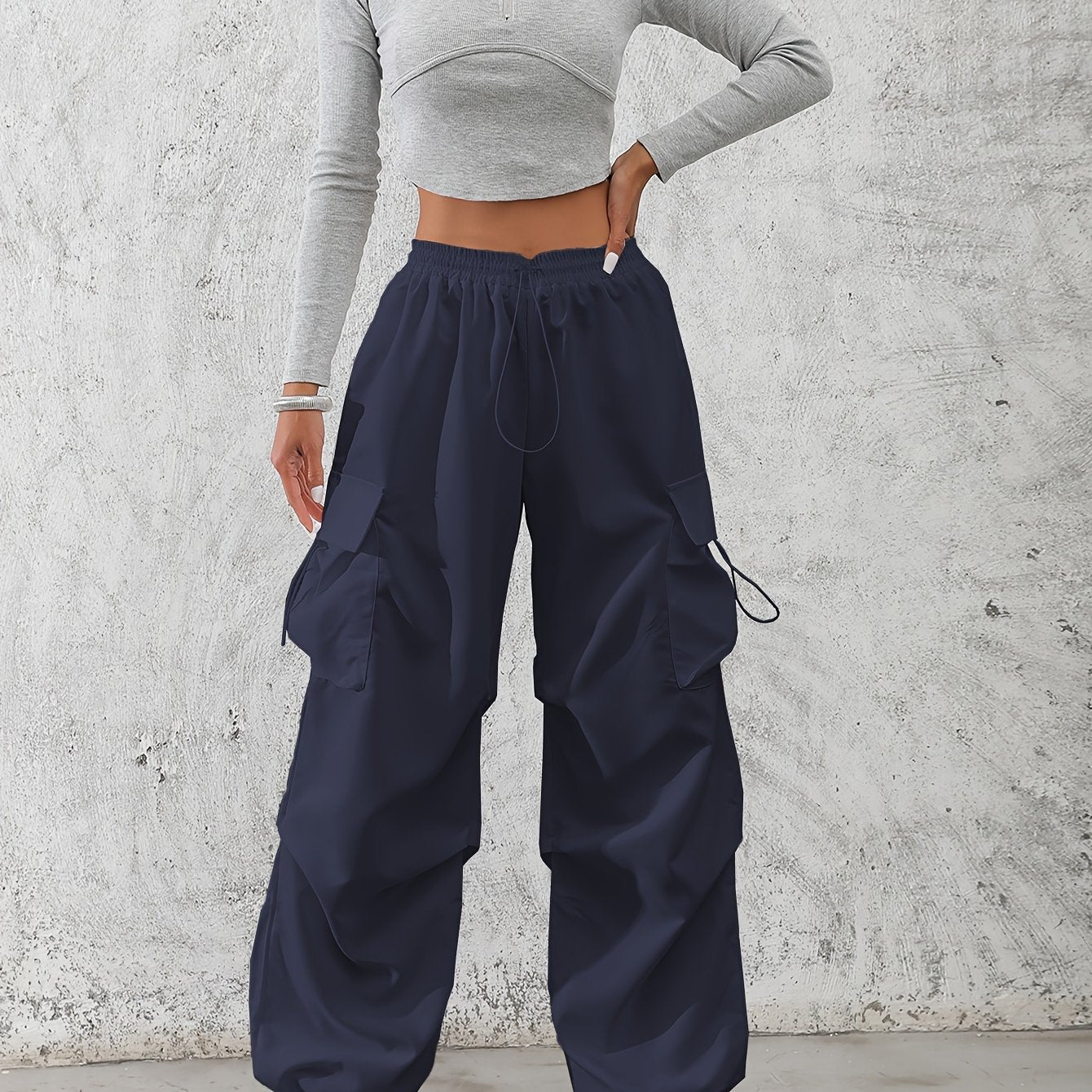 Women'S Fashionable Solid Color Polyester Cargo Pants, 100% Polyester, All-Season, Drawstring Waist, Woven, 120g/m², Adult Casual Elegant Trousers