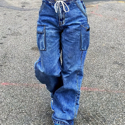 Jeans cargo a vita media da donna, pantaloni in denim elasticizzati con vita elasticizzata e gamba larga, con tasche, pantaloni larghi da streetwear Y2K