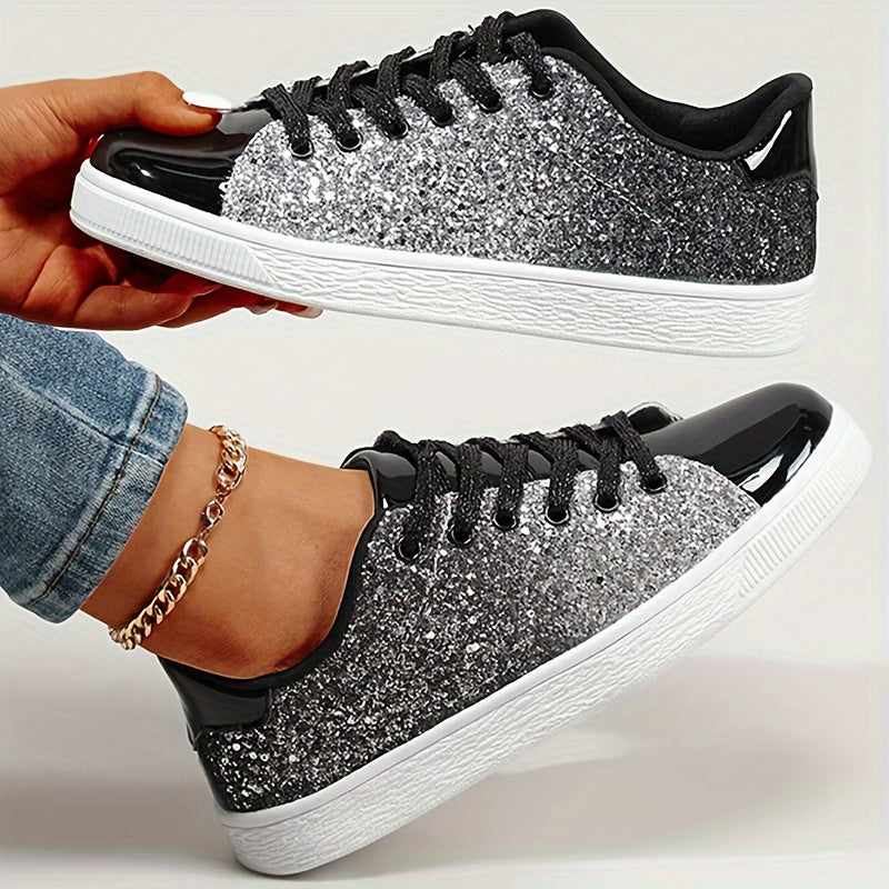 Sneakers da skateboard con paillettes da donna, tomaia in PU antiscivolo per tutte le stagioni, suola in TPR, soletta e fodera in tessuto, design a tinta unita