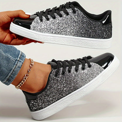 Sneakers da skateboard con paillettes da donna, tomaia in PU antiscivolo per tutte le stagioni, suola in TPR, soletta e fodera in tessuto, design a tinta unita