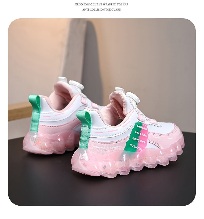 Kids' Preppy Sports Sneakers with Rotating Buckle, Lightweight EVA Sole, Non-Slip PU Upper, Comfortable Fabric Lining, Alphabet Pattern, All-Season Casual Footwear for Outdoor Activities, Training, Hiking - Ideal for Valentin