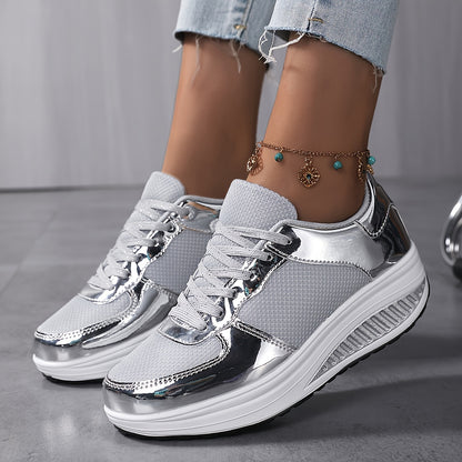 Sneakers da donna con plateau in rete traspirante, scarpe casual con lacci e suola bassa, comode