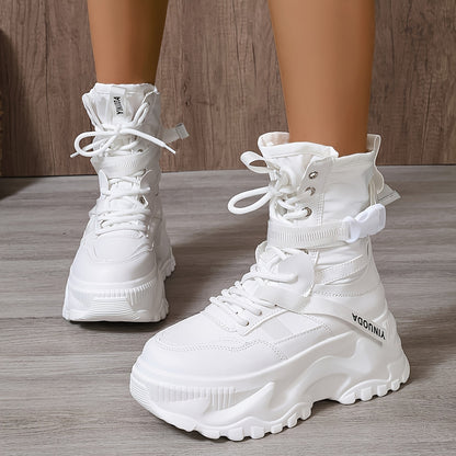 Sneakers alte alla moda da donna - Stivali casual con punta tonda, lacci in tessuto EVA tinta unita, suola in poliuretano e interno in tessuto - Scarpe streetwear versatili per tutte le stagioni