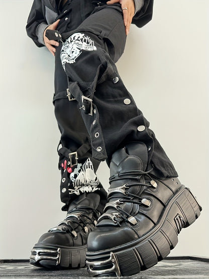 Women's Metallic Decor Platform Sneakers, Punk Rock Lace Up Outdoor Shoes, Comfortable Heel Height Shoes, Gothic Ankle Boots Round Toe Thick Sole Booties plus size