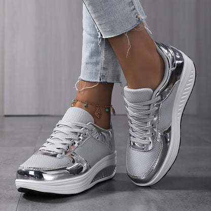 Sneakers da donna con plateau in rete traspirante, scarpe casual con lacci e suola bassa, comode