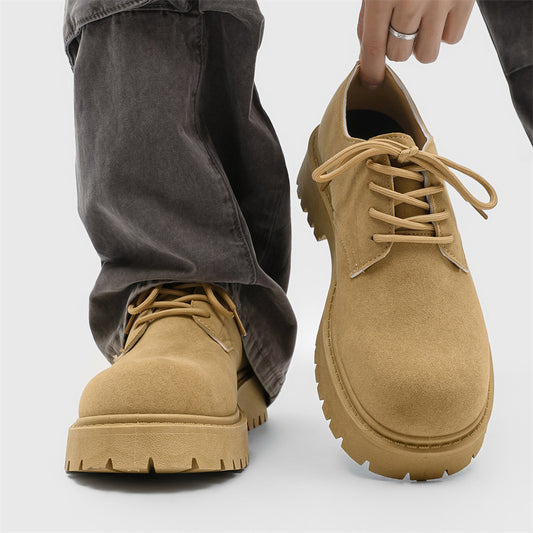 Men's Casual Retro Workwear Derby Shoes - Thick Sole Height Increase, Breathable Upper, Lace-Up Round Toe Design for Spring/Fall, Tan Rubber Outsole & EVA Cushioning, Fall Comfort Footwear, Minimalist Style, Durable Footwear,