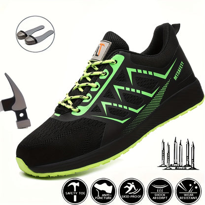 Scarpe antinfortunistiche da lavoro antiscivolo antiforatura con punta in acciaio da uomo, scarpe da ginnastica traspiranti in maglia intrecciata per edilizia industriale
