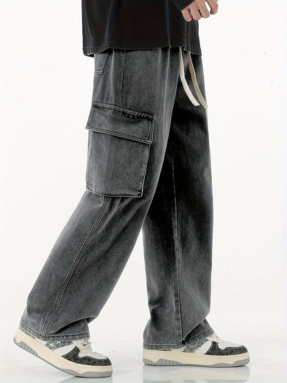 Men'S Hip-Hop Baggy Jeans, Loose Street-Style Pants That Drag on The Ground, Trendy Multi-Pocket Workwear Jeans Suitable for All Seasons.