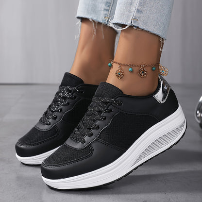 Sneakers da donna con plateau in rete traspirante, scarpe casual con lacci e suola bassa, comode