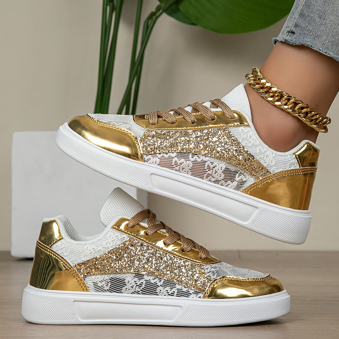 Women's Glitter Golden Lace-Up Low-Top Sneakers with Breathable Cut-Out Design & Thick Cushioned MD Sole - Synthetic Cover & Fabric Casual Shoes for All-Season Comfort, Sporty Streetwear, Airflow Enhancing Cutouts