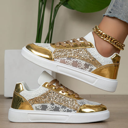 Women's Glitter Golden Lace-Up Low-Top Sneakers with Breathable Cut-Out Design & Thick Cushioned MD Sole - Synthetic Cover & Fabric Casual Shoes for All-Season Comfort, Sporty Streetwear, Airflow Enhancing Cutouts