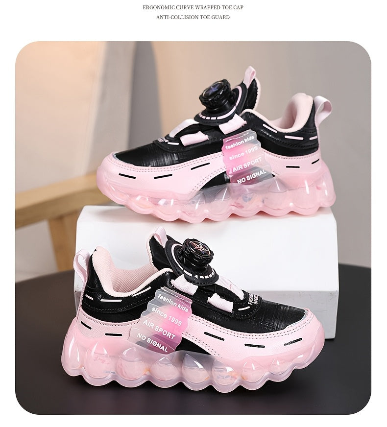 Kids' Preppy Sports Sneakers with Rotating Buckle, Lightweight EVA Sole, Non-Slip PU Upper, Comfortable Fabric Lining, Alphabet Pattern, All-Season Casual Footwear for Outdoor Activities, Training, Hiking - Ideal for Valentin