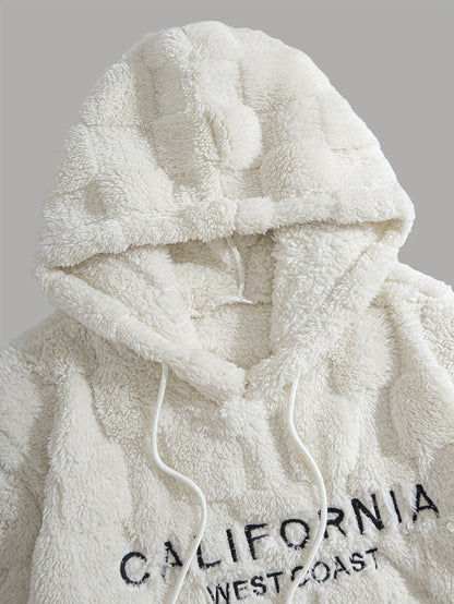 Felpa con cappuccio da uomo in peluche ricamata California Westcoast - Pile doppio in poliestere spesso e morbido con dettagli a quadri, pullover casual a maniche lunghe per autunno e inverno, felpa con cappuccio foderata in pile