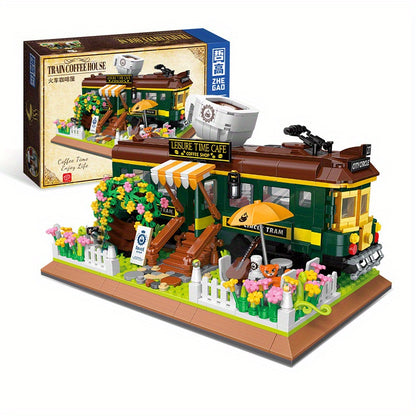 1081pcs Train Cafe House Assembled Toy Ornament, Green Faux Leather Train, City Shop, Street Scene Assembly Toy Model, Creative Retro Construction Set, Halloween/Thanksgiving Day/Christmas gift
