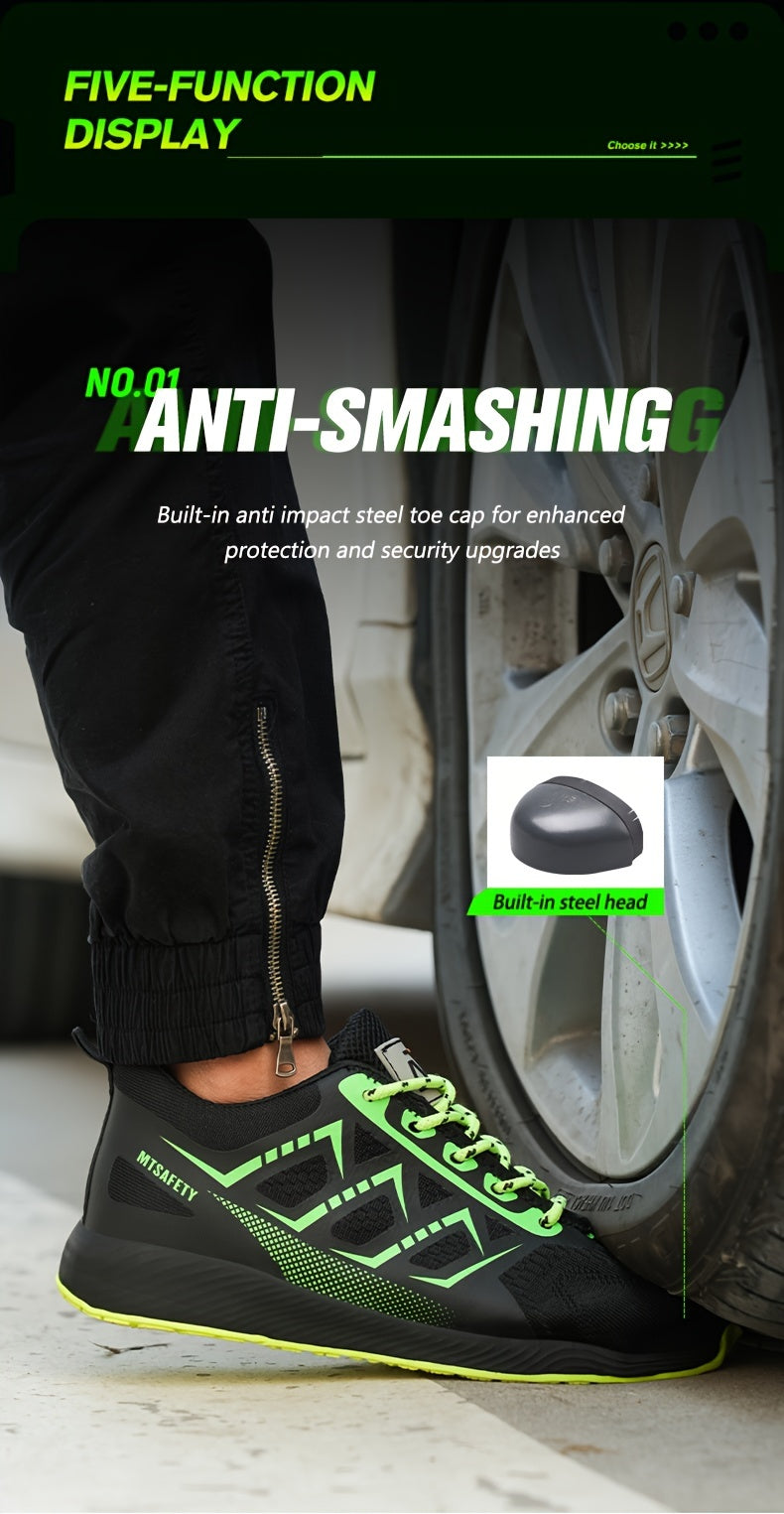 Scarpe antinfortunistiche da lavoro antiscivolo antiforatura con punta in acciaio da uomo, scarpe da ginnastica traspiranti in maglia intrecciata per edilizia industriale