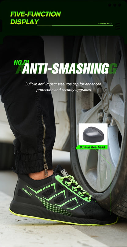 Scarpe antinfortunistiche da lavoro antiscivolo antiforatura con punta in acciaio da uomo, scarpe da ginnastica traspiranti in maglia intrecciata per edilizia industriale