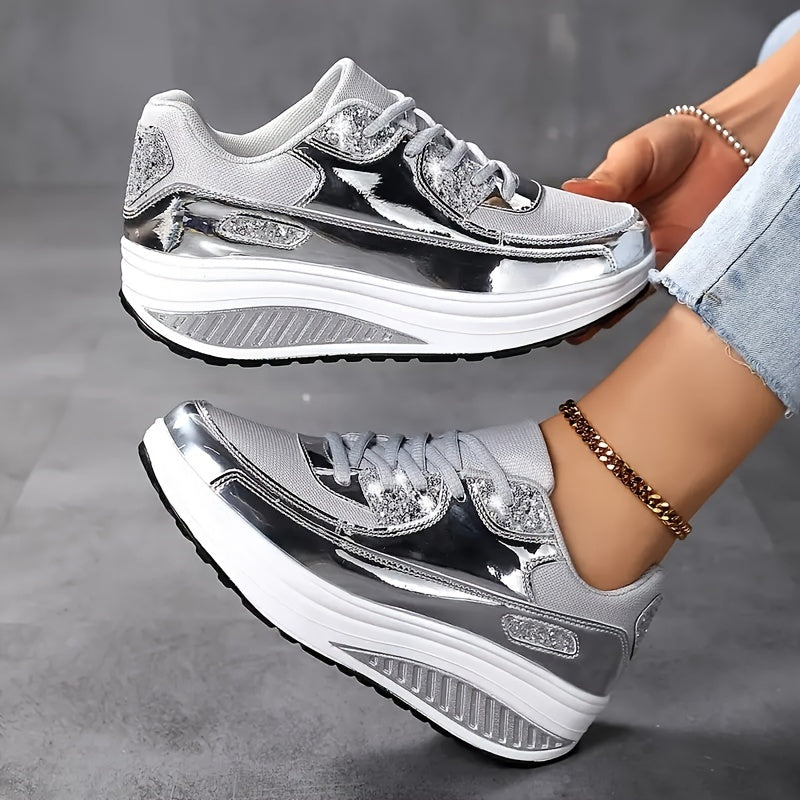 Sneakers glitterate alla moda da donna, scarpe casual riflettenti da passeggio, scarpe sportive leggere e rialzate, calzature comode con suola spessa