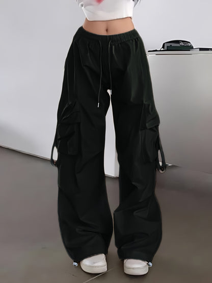 1pc Y2K Style Women's Cargo Pants, 100% Polyester Solid Color Loose Fit with Side Pockets and Drawstring Waist, Glossy Woven Fabric, Unlined - Spring/Summer/Fall Collection