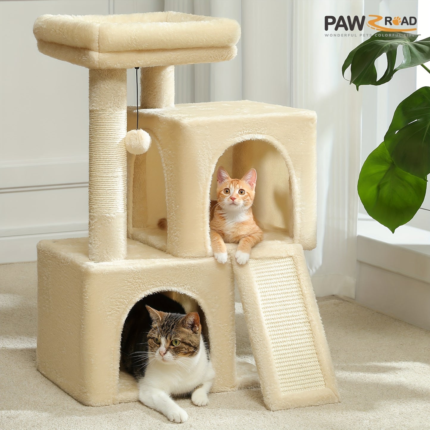 Pawz Road Cat Scratching Post with Dual Condos for Indoor Cats, All-in-One Cat House with Padded Perch, Scratching Ramp And Posts, with Interchangeable Balls