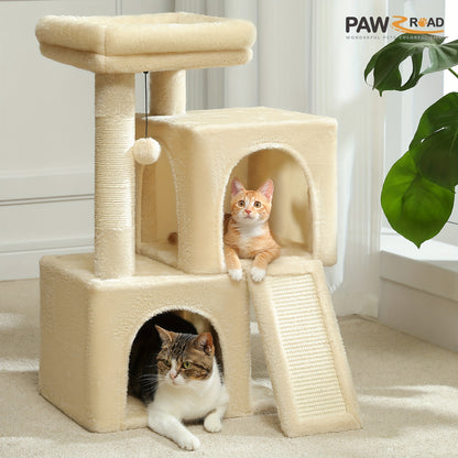 Pawz Road Cat Scratching Post with Dual Condos for Indoor Cats, All-in-One Cat House with Padded Perch, Scratching Ramp And Posts, with Interchangeable Balls