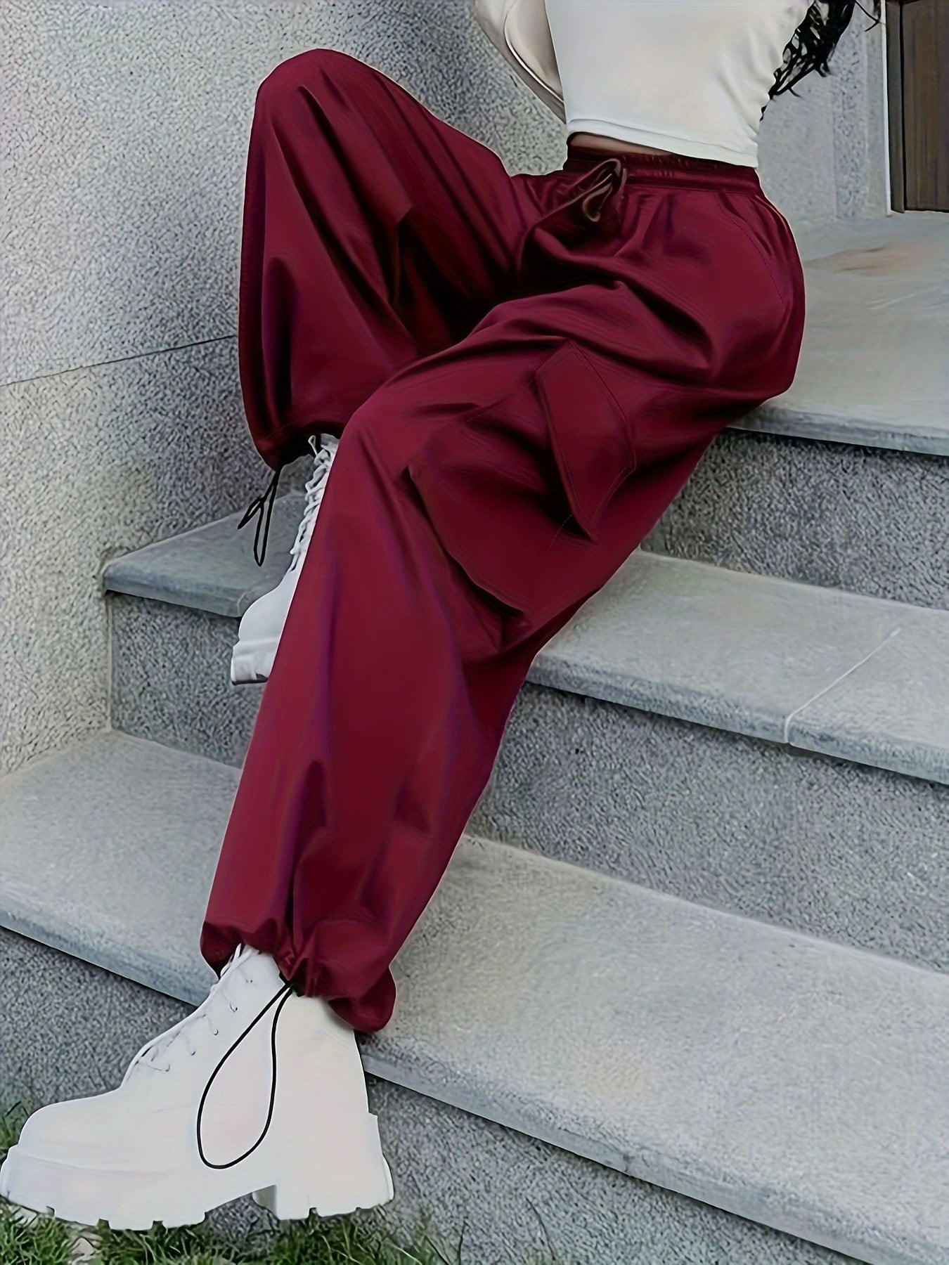 Y2K Drawstring Baggy Pants, Elastic Waist Long Length Pants With Pockets, Women's Clothing