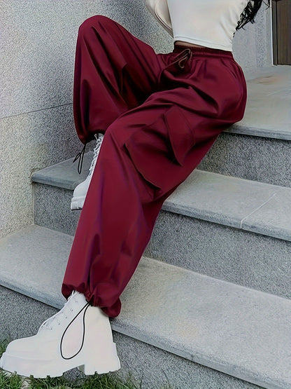 Y2K Drawstring Baggy Pants, Elastic Waist Long Length Pants With Pockets, Women's Clothing