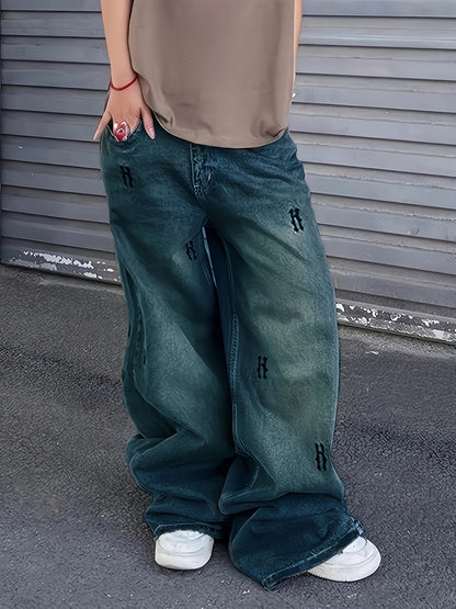 Y2K Style Distressed Wased Loose Fit Baggy Denim Pants, Wide Leg Streetwear Jeans, Women's Denim Jeans & Clothing For Fall