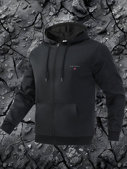 Giacca casual da uomo con cappuccio e stampa della mappa della Norvegia - Chiusura con cerniera, fodera in poliestere, tasche multiple, elegante design nero con logo rosso e bianco, capospalla casual |