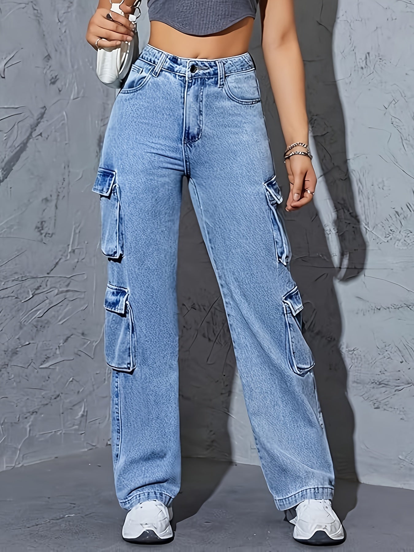 High-Waisted Cargo Denim Jeans for Women, 75% Cotton Blend Street Style Y2K Baggy Trousers with Flap Pockets, Solid All-Season Oversized Wide Leg Pants, Medium Stretch Woven Fabric