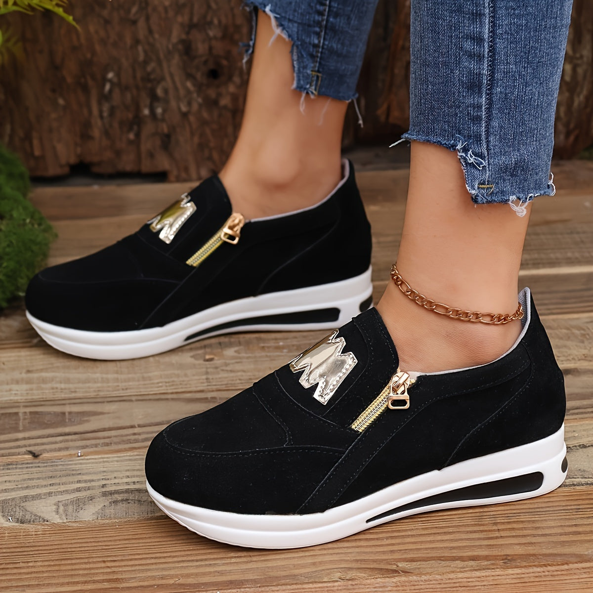Sneakers con zeppa alla moda da donna, scarpe sportive casual, resistenti ed eleganti con cerniera e lettere decorative, comode e traspiranti, per tutti i giorni