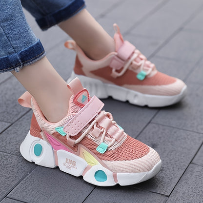 Sneakers traspiranti in maglia per bambine - Sneakers basse a righe alla moda con chiusura a strappo, leggere e comode per tutte le stagioni, design rosa e nero con tomaia in mesh e suola in EVA, adatte ai piedi dei più piccoli.