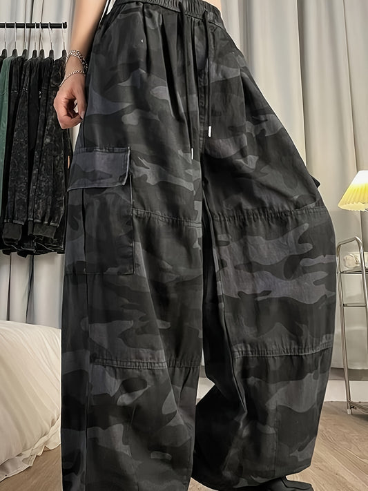 Camouflage Print Wide Leg Cargo Pants, Casual Elastic Waist Loose Pants for Spring & Summer, Women's Clothing
