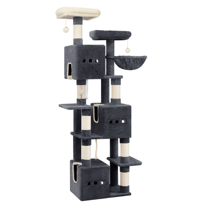Large Scratching Post, 193cm Cat Tree, Multi-storey Cat Scratching Post for Large Cats, with 3 Caves, 6 Scratching Posts, 1 Lounger, 3 Plush Balls, Dark Grey/light Grey