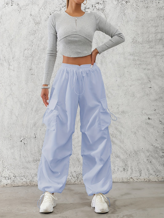 Women'S Fashionable Solid Color Polyester Cargo Pants, 100% Polyester, All-Season, Drawstring Waist, Woven, 120g/m², Adult Casual Elegant Trousers