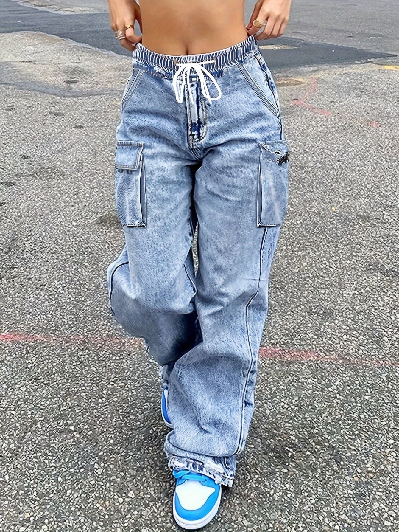 Jeans cargo a vita media da donna, pantaloni in denim elasticizzati con vita elasticizzata e gamba larga, con tasche, pantaloni larghi da streetwear Y2K