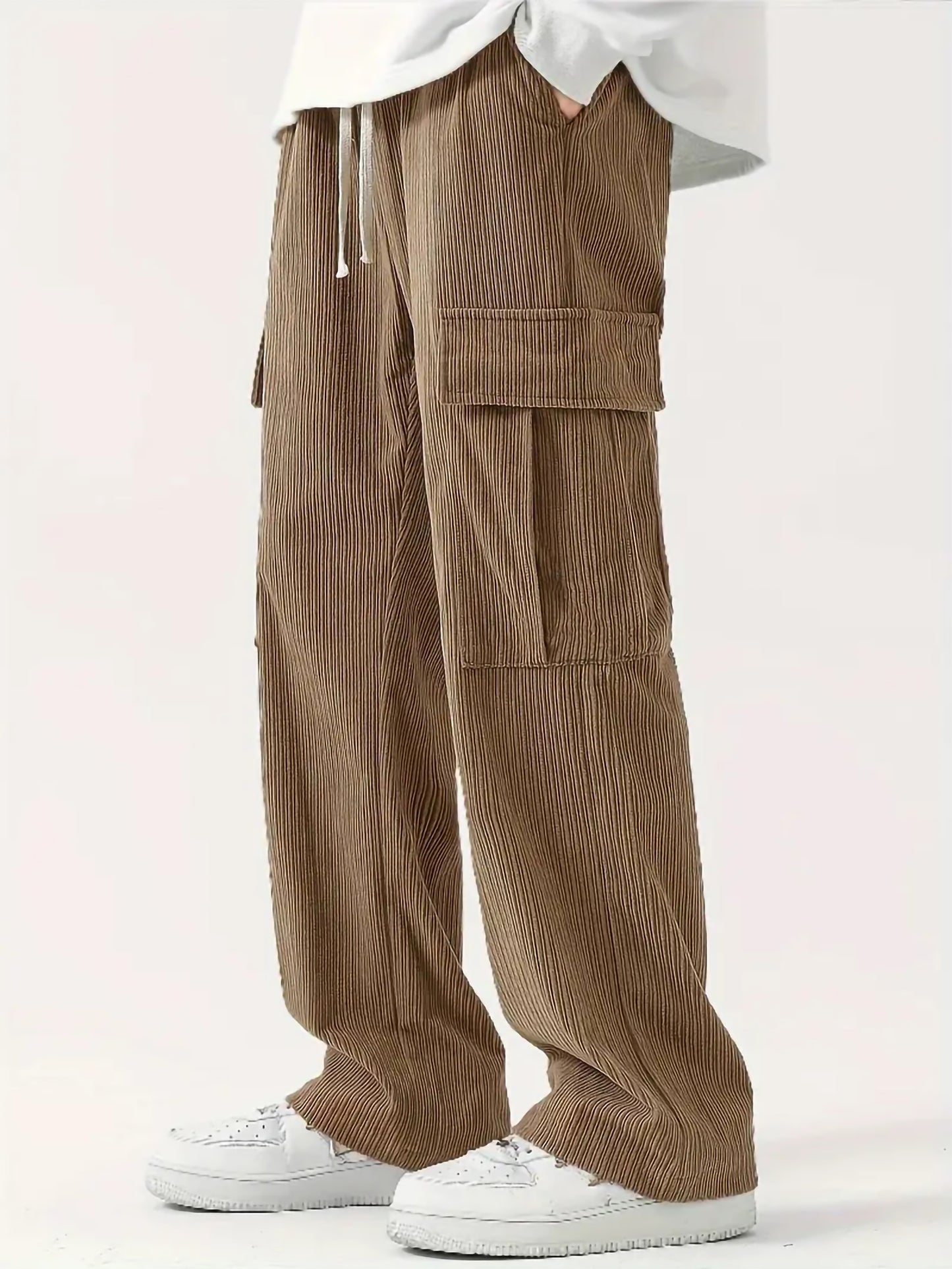 Pantaloni cargo da uomo in velluto a coste con tasche multiple e patta, pantaloni larghi e casual da esterno, pantaloni da lavoro da uomo per escursionismo, pesca e pesca