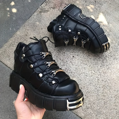 Women's Metallic Decor Platform Sneakers, Punk Rock Lace Up Outdoor Shoes, Comfortable Heel Height Shoes, Gothic Ankle Boots Round Toe Thick Sole Booties plus size