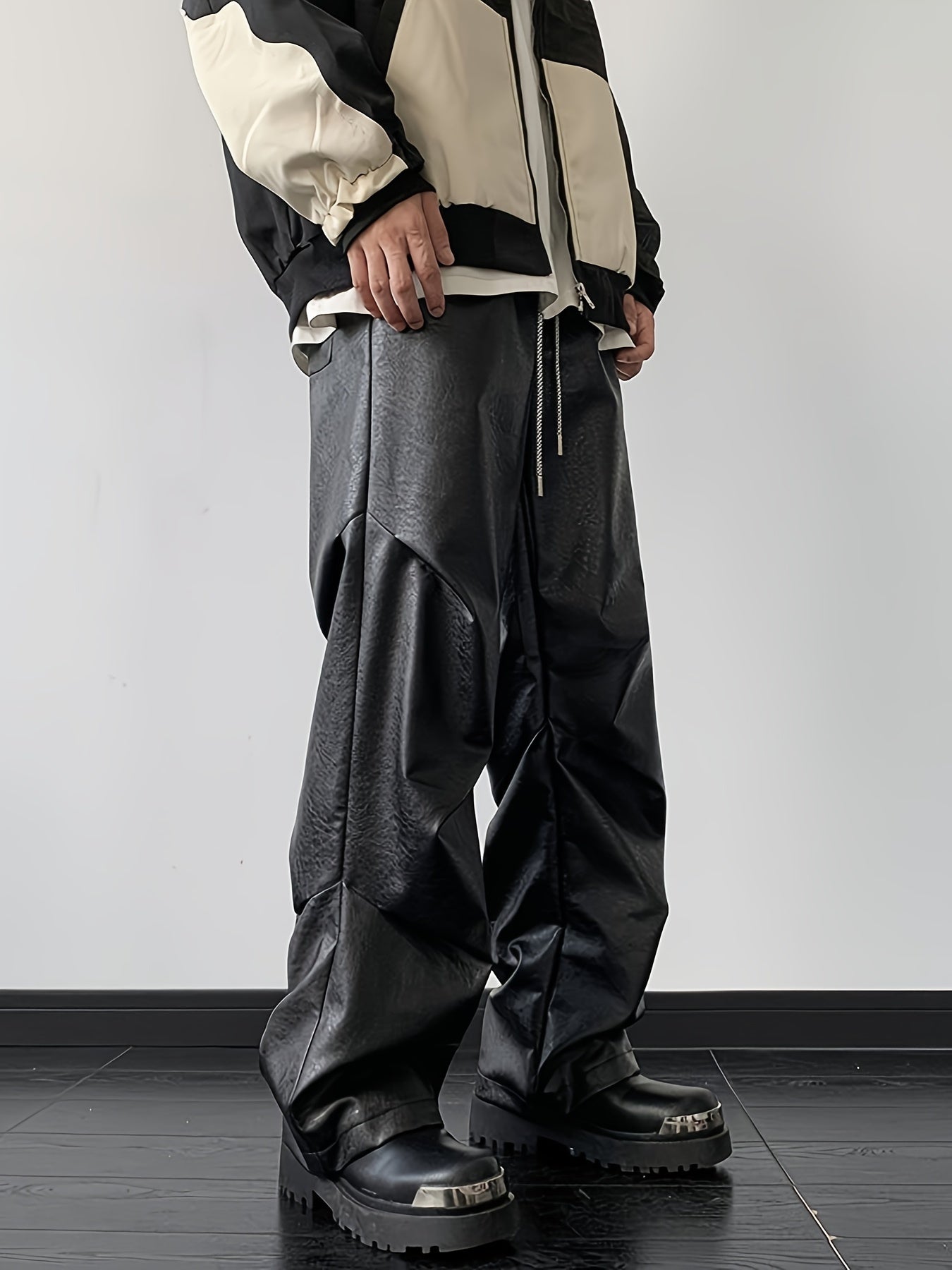 Men's Chic Loose Fit Faux Leather Pants, Street Style Baggy Pants K-pop